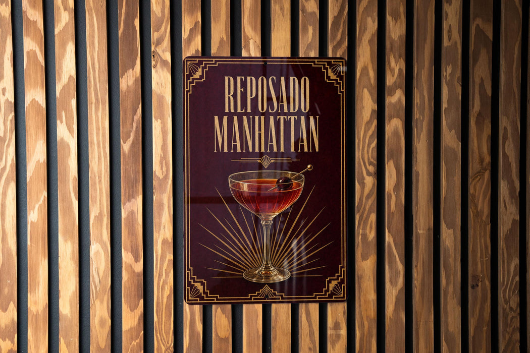 A sign for "Reposado Manhattan" is displayed on a wooden wall.
