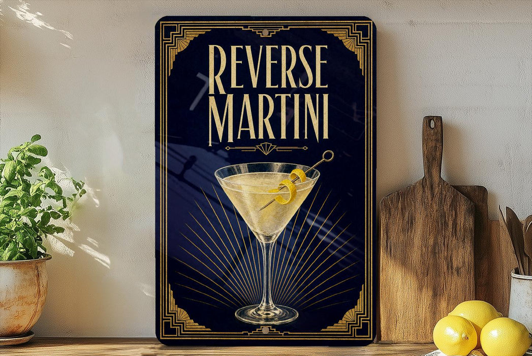 A framed poster with the text "REVERSE MARTINI" and an illustration of a martini glass with a lemon twist.