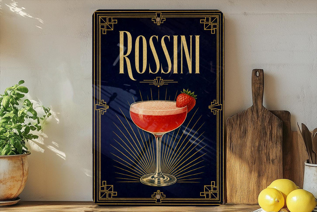 A framed poster of a cocktail called "Rossini" with a glass of the drink and a strawberry garnish, placed on a wooden shelf next to a wooden cutting board and a potted plant.