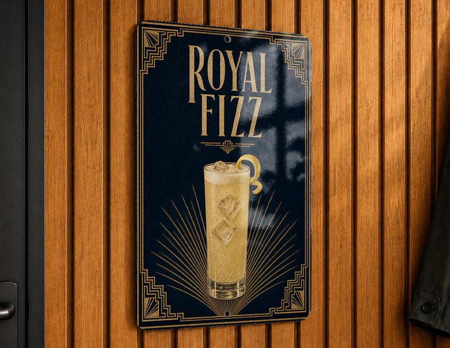 A sign for Royal Fizz cocktail, featuring an illustration of a tall glass filled with a yellow drink and garnished with a lemon slice.