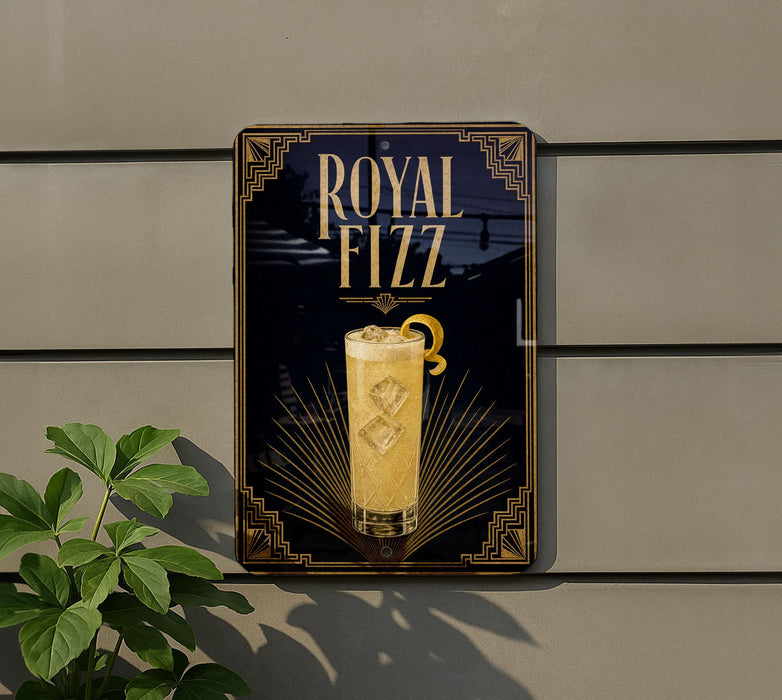 A sign for Royal Fizz cocktail is displayed on a wall, featuring an illustration of a cocktail glass with a lemon twist.