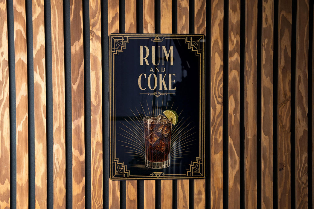 A poster with the text "RUM AND COKE" and an illustration of a glass of rum and coke on a wooden wall.