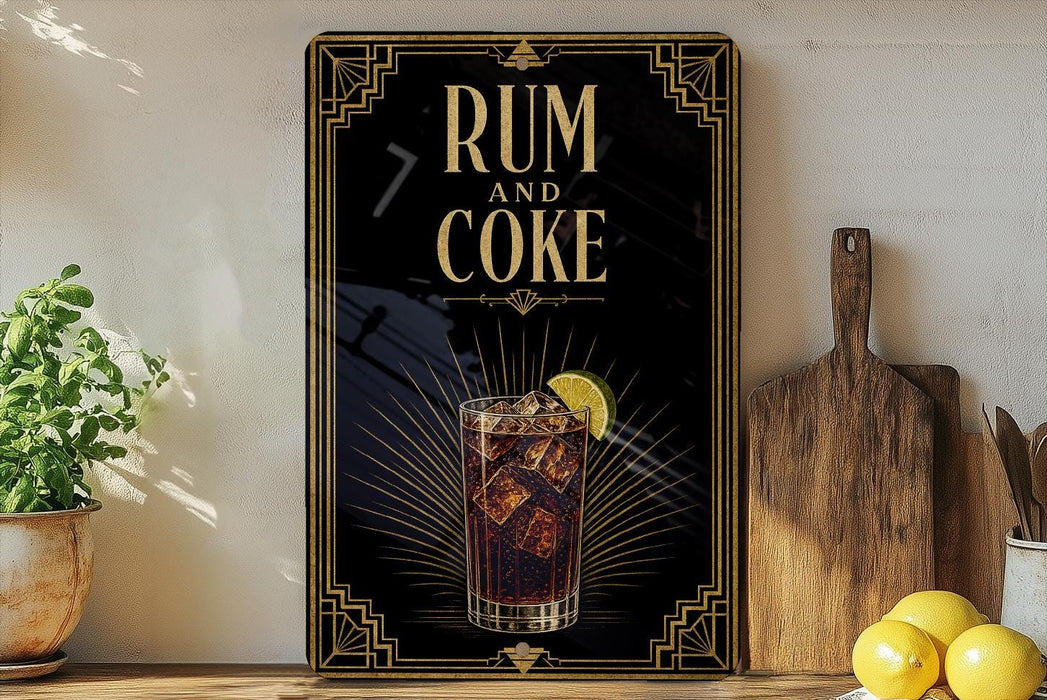 a poster with the text "RUM AND COKE" and an illustration of a glass of rum and coke with a lime slice.