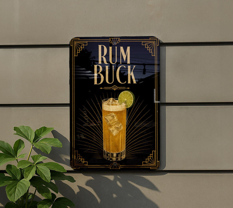 a sign for a rum and coke drink, with a glass of rum and a lime slice on the sign.