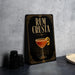 a decorative sign with the text "RUM CRUSTA" and an illustration of a cocktail glass.