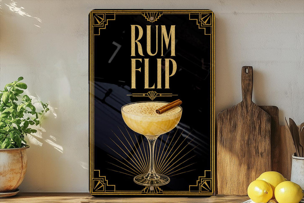 a framed poster with a cocktail illustration, a wooden cutting board, and a potted plant on a shelf.