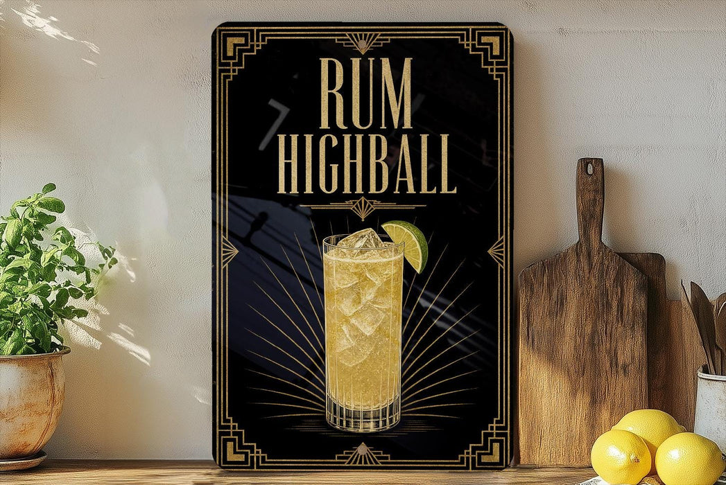 a decorative sign with the text "RUM HIGHBALL" and an illustration of a cocktail glass with a lime slice. The sign is displayed on a wooden surface, with a potted plant, a cutting board, and some lemons nearby.