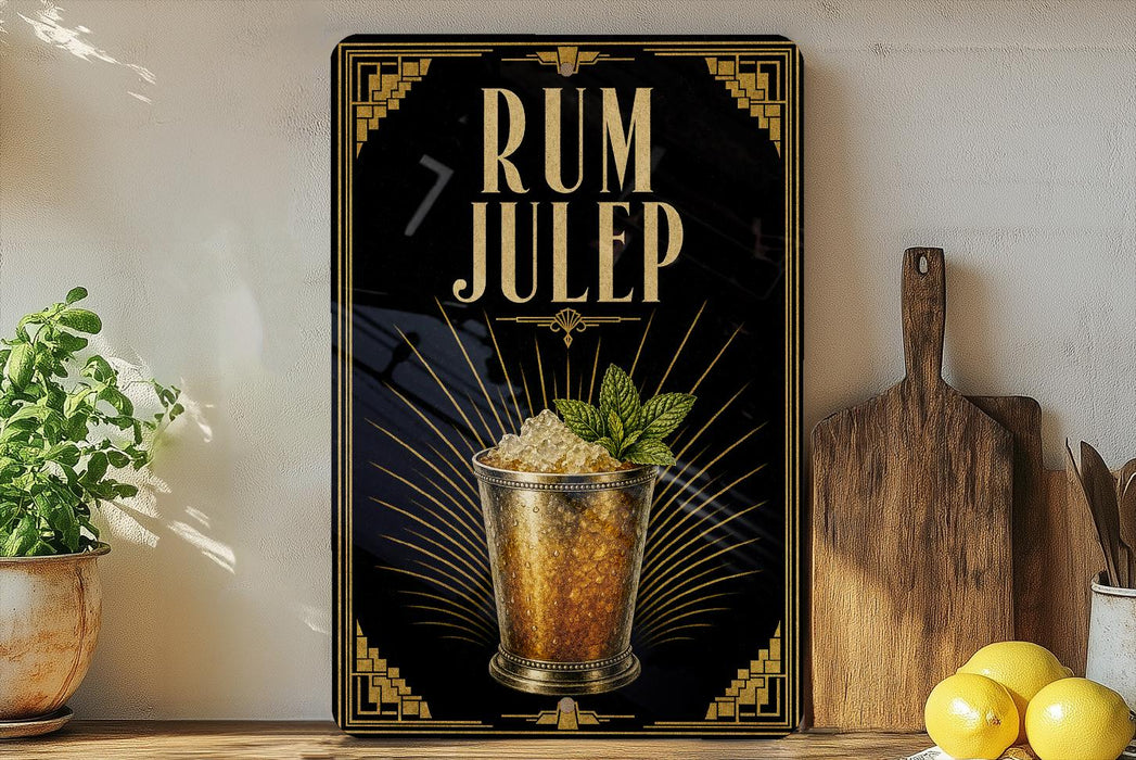 a decorative sign with the text "RUM JULEP" and an illustration of a cocktail glass with a lime garnish.
