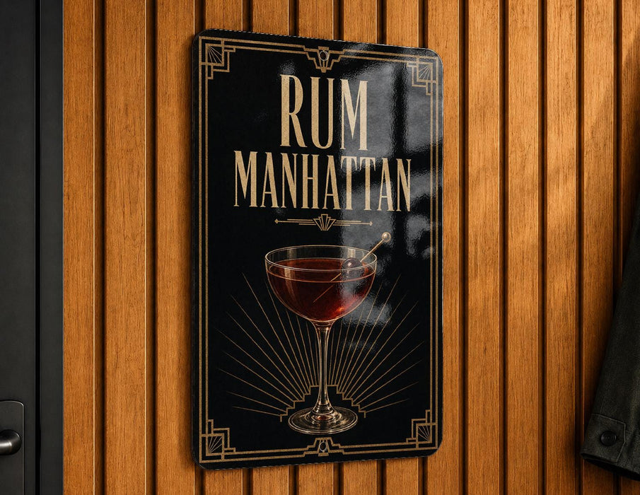 A sign that reads "RUM MANHATTAN" with an illustration of a glass of rum on a wooden wall.
