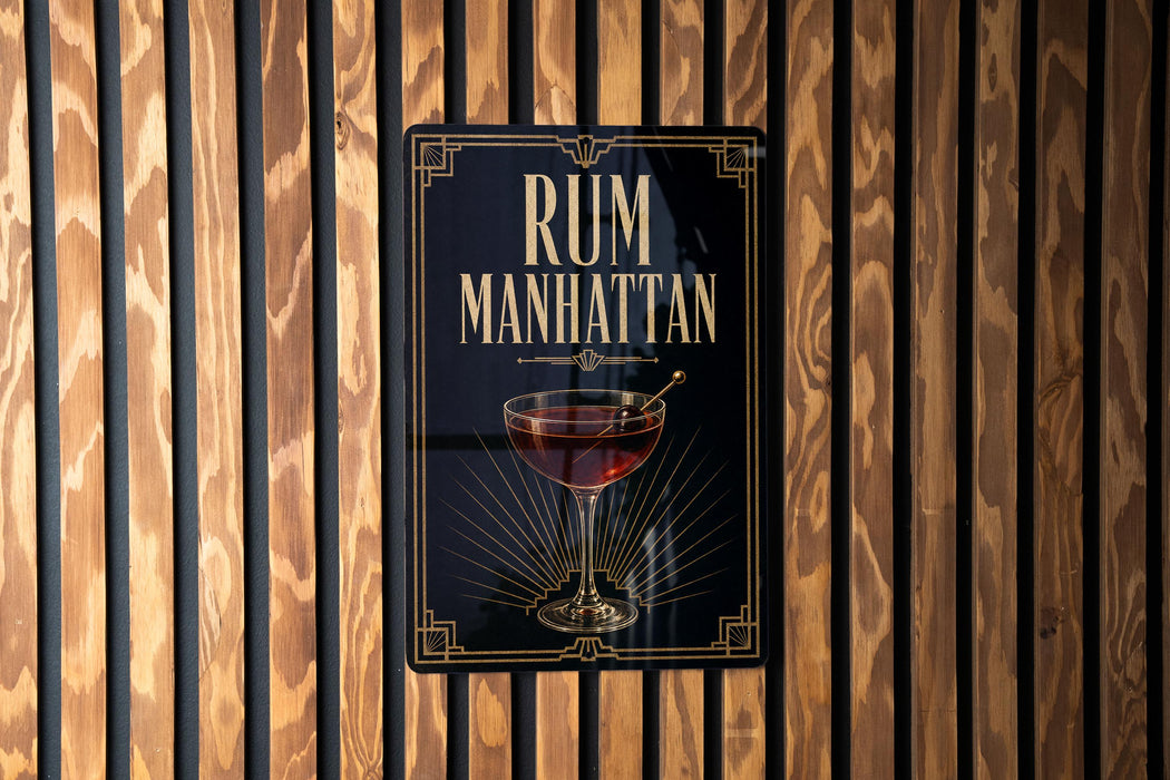 A sign for "RUM MANHATTAN" is displayed on a wooden wall.