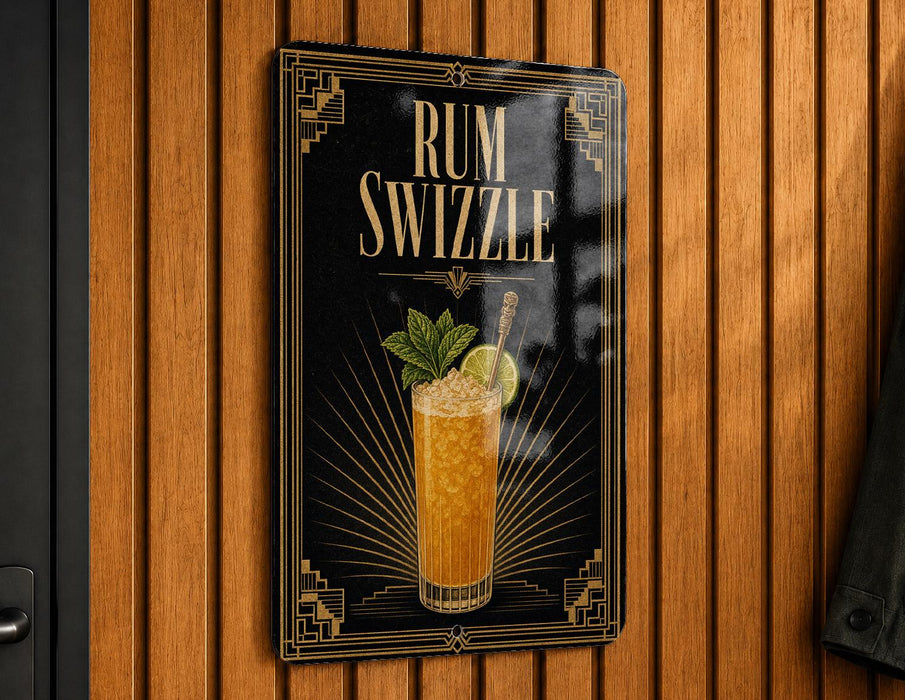 A sign for a rum swizzle cocktail is displayed on a wooden wall.
