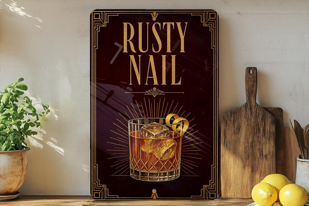 a rustic sign with the text "RUSTY NAIL" and an illustration of a glass of amber-colored liquid with a lemon twist.