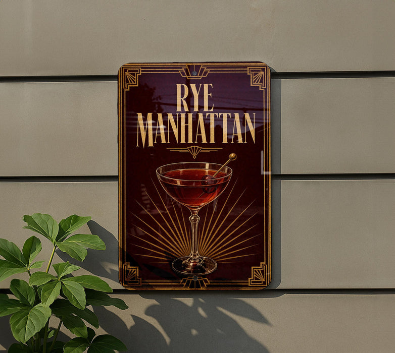 A decorative sign for Rye Manhattan cocktails, featuring a glass of red liquid and a decorative border.
