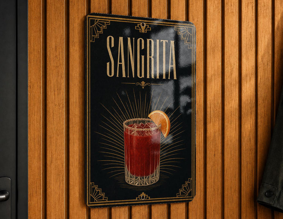 A sign for a Sangrita cocktail is displayed on a wooden wall.