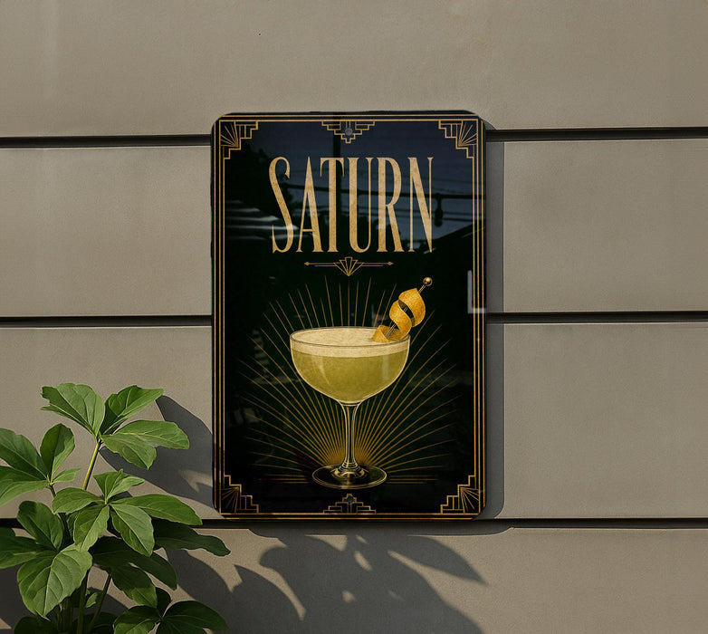 A framed poster with the word "SATURN" prominently displayed, featuring an illustration of a cocktail glass with a lemon twist.