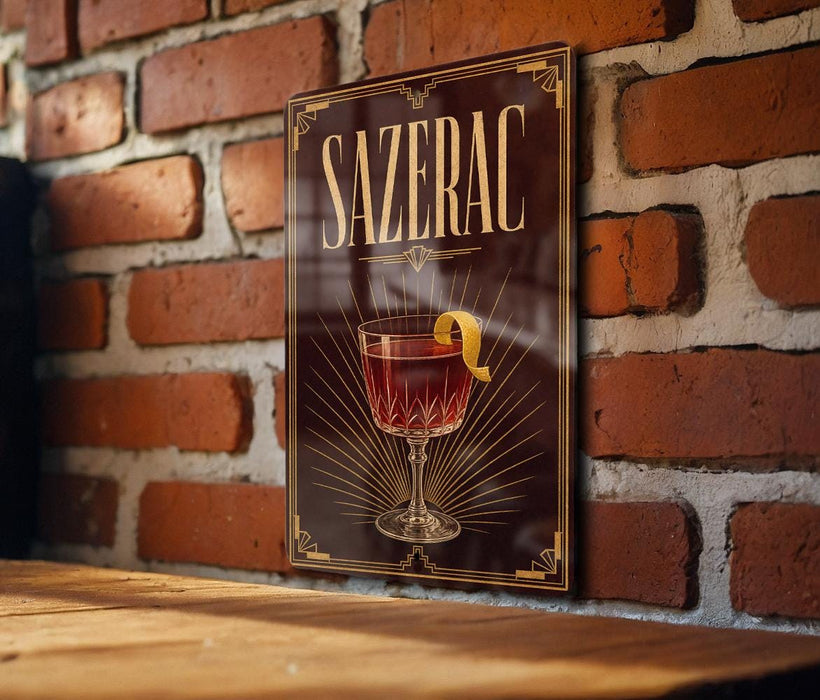 A poster of a drink called "Sazerac" is displayed on a brick wall, with a glass of the drink and a lemon peel in the center of the poster.