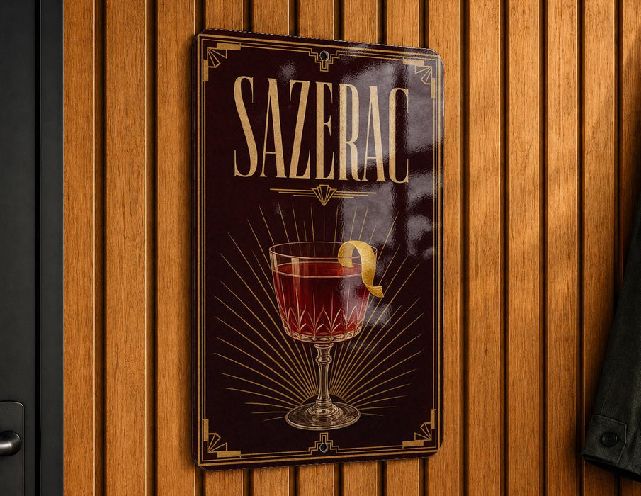 A decorative sign for "Sazerac" cocktail, featuring a glass of red wine with a lemon twist.