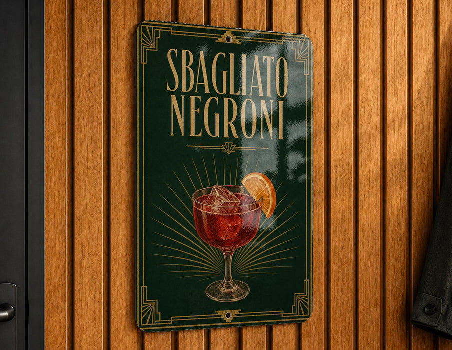 A sign for "Sbagliato Negroni", a type of Negroni cocktail, is displayed on a wooden wall.