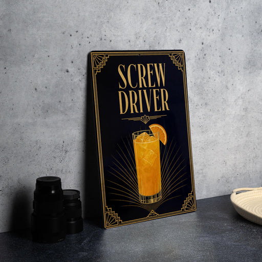 a sign with the text "SCROW DRIVER" and an illustration of a cocktail glass with an orange slice.