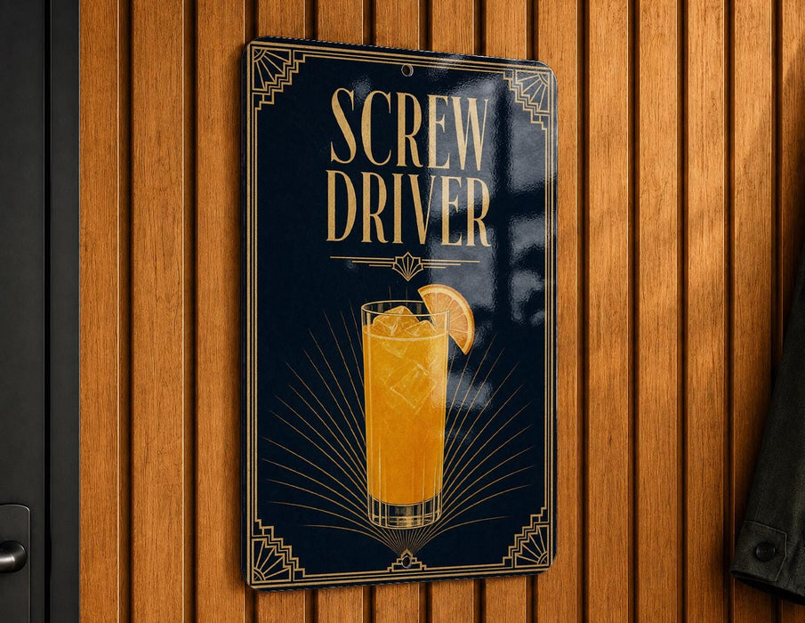 A sign that reads "SCROW DRIVER" with an illustration of a glass of orange juice and ice cubes.
