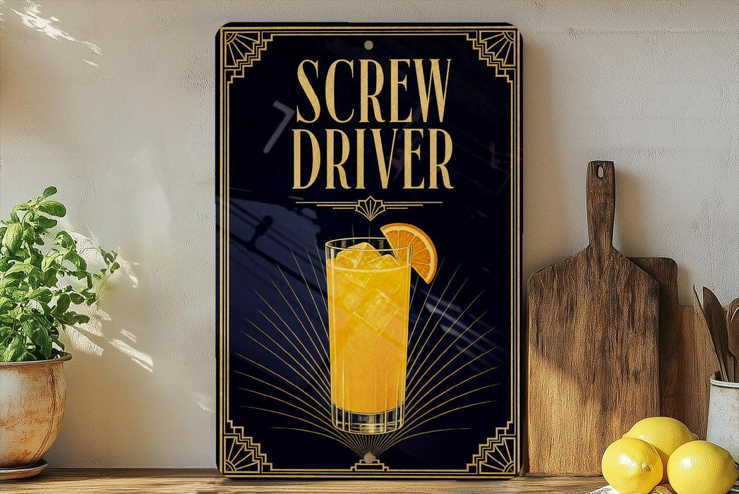 a decorative sign with the text "SCROW DRIVER" and an illustration of a glass of orange juice with a lemon slice.