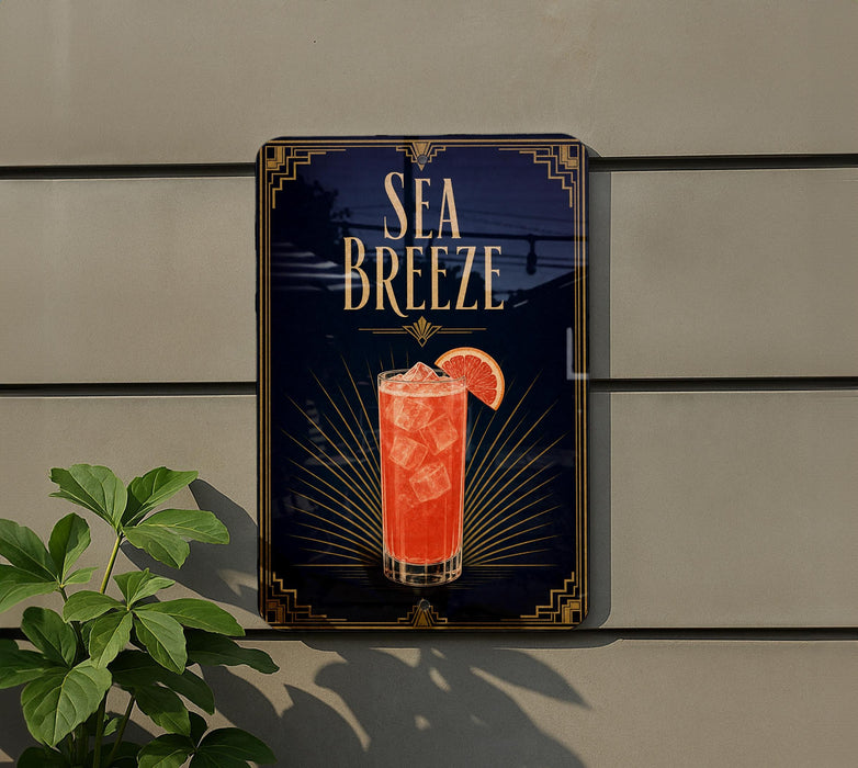 a sign for a drink called "Sea Breeze" with a glass of the drink and a slice of orange on the sign.