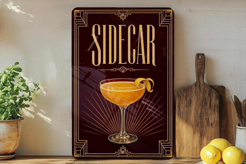 a decorative sign for a cocktail called "Sidegar" with a glass illustration and a lemon twist on a wooden surface.