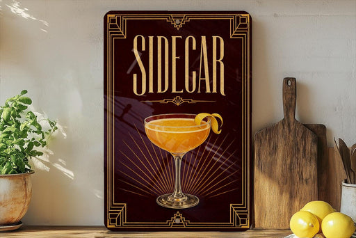 a decorative sign for a cocktail called "Sidegar" with a glass illustration and a lemon twist on a wooden surface.