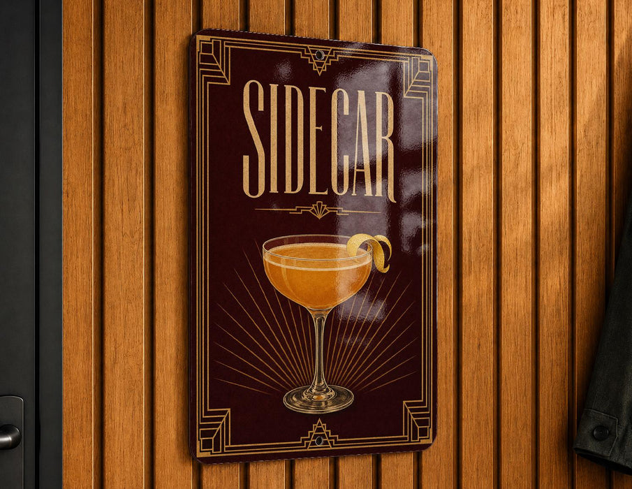 A sign for a cocktail called "Sidecar" is displayed on a wooden wall.