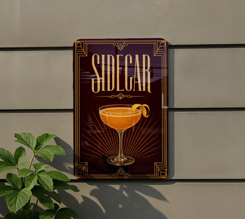 A sign for a bar called "Sidecar" with an illustration of a cocktail on it, mounted on a wall.
