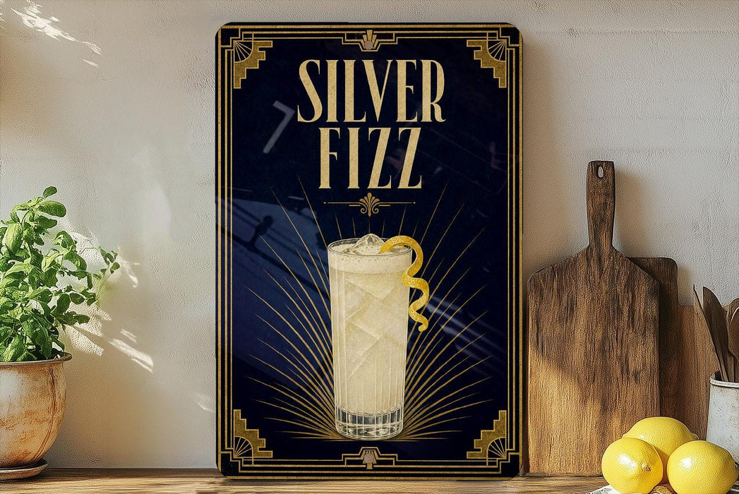 A framed advertisement for a "Silver Fizz" cocktail, featuring a glass of the drink with a lemon twist and a decorative border.