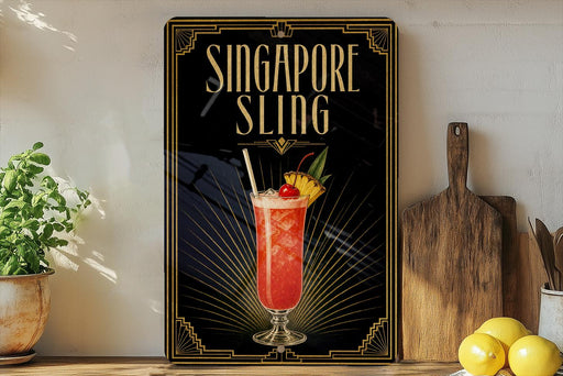 A framed poster advertising a Singapore Sling cocktail, featuring an illustration of the drink and decorative elements.
