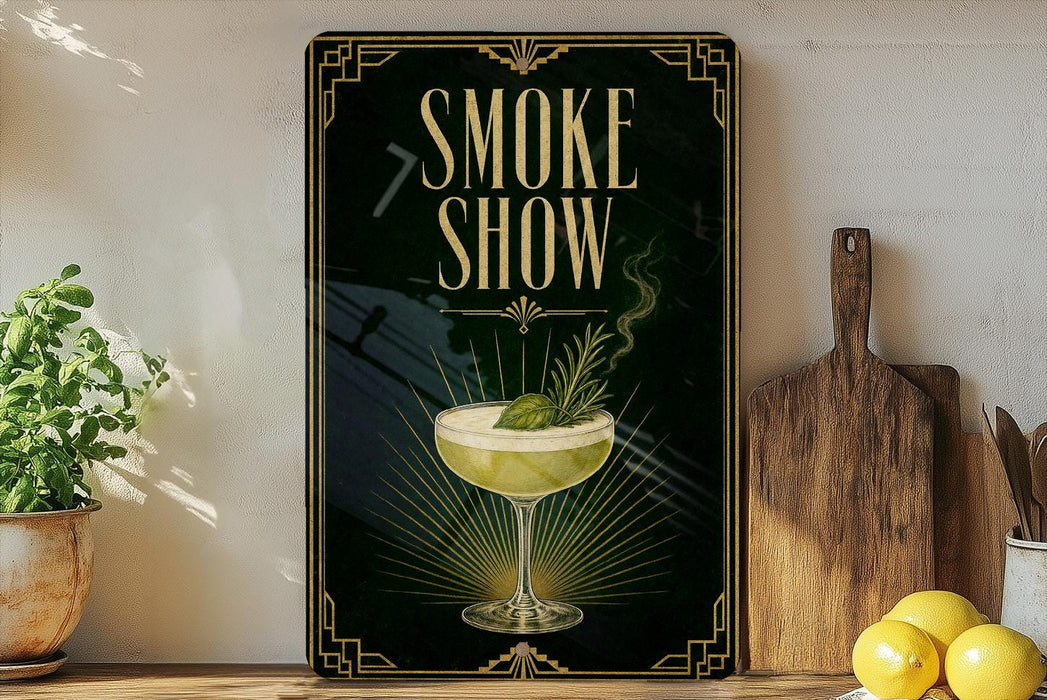a framed poster with a stylized illustration of a cocktail glass and the text "SMOKE SHOW" prominently displayed.