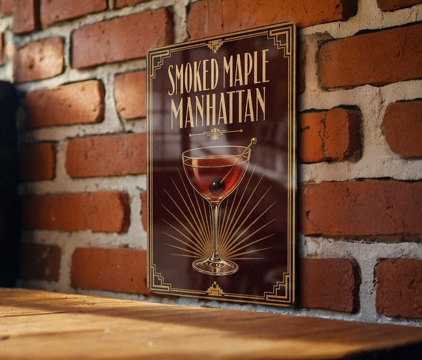 A framed poster of a smoked maple Manhattan cocktail is displayed on a brick wall.