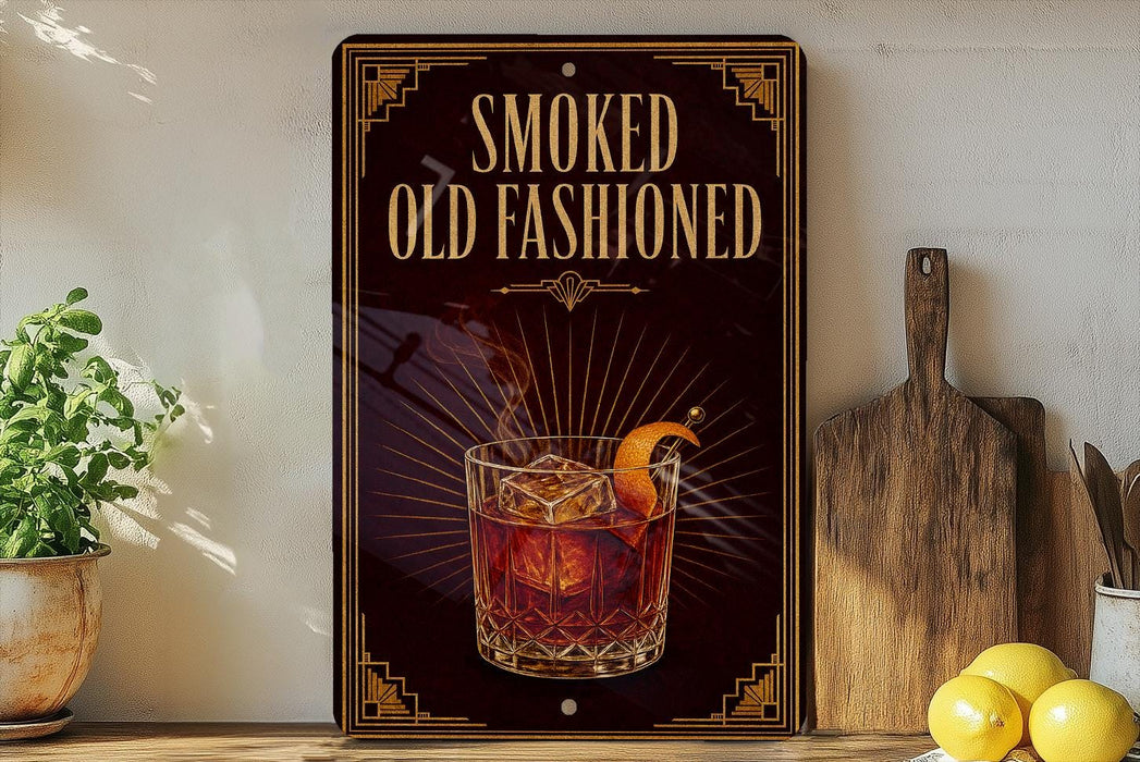 a sign that reads "Smoked Old Fashioned" with an illustration of a glass of Old Fashioned and a lemon slice.