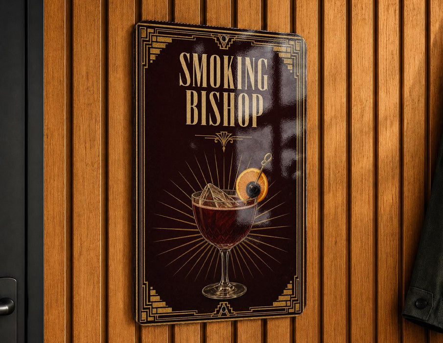 A sign that reads "Smoking Bishop" is hanging on a wooden wall.
