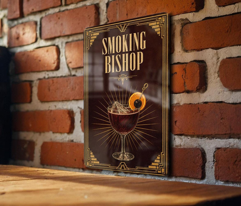 A poster advertising a bar called "Smoking Bishop" with an illustration of a cocktail and a decorative border.