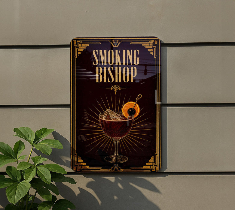 a sign for a bar called "Smoking Bishop", which has a picture of a glass of wine with an orange slice on it.