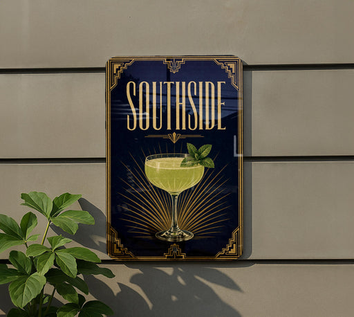 A decorative sign for a cocktail called "Southside" is displayed on a wall, featuring a glass of yellow liquid and a green leaf garnish.
