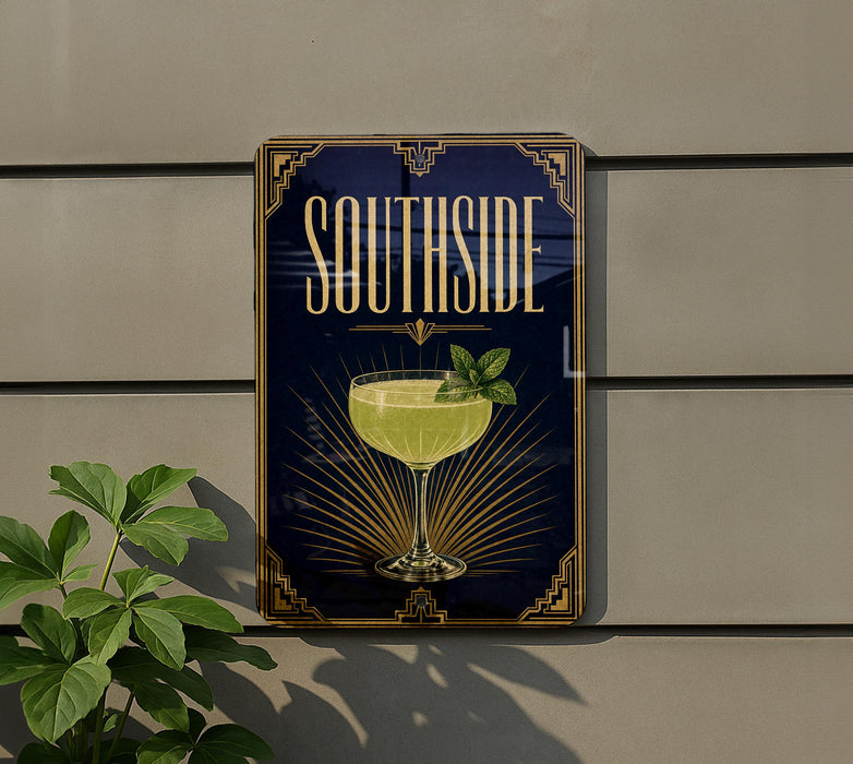 A decorative sign for a cocktail called "Southside" is displayed on a wall, featuring a glass of yellow liquid and a green leaf garnish.