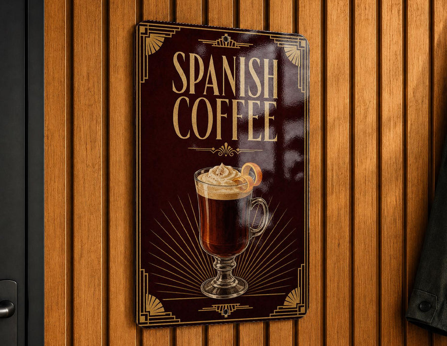 A sign for Spanish coffee is displayed on a wooden wall.