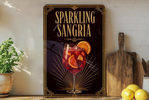 A framed poster advertising "Sparkling Sangria" is displayed on a wall, with a glass of red wine and orange slices in the center.