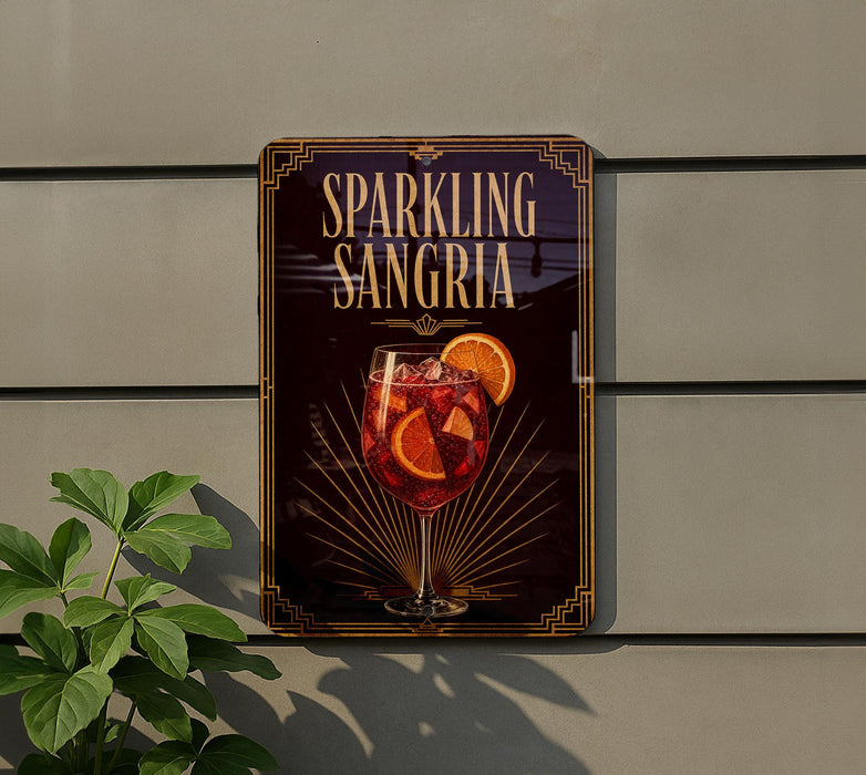 A sign for "Sparkling Sangria" is displayed on a wall, featuring an illustration of a glass filled with a red liquid and garnished with orange slices.