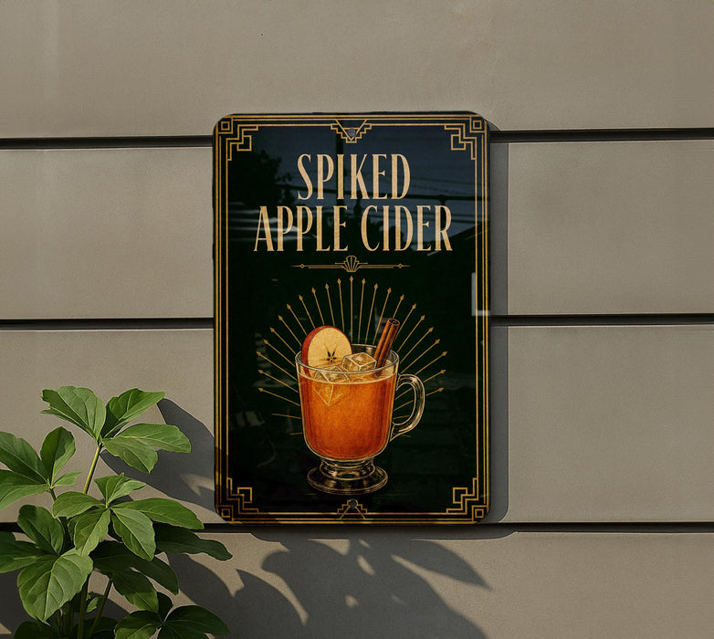 a sign advertising spiked apple cider, with a glass of the beverage and a cinnamon stick displayed on the sign.