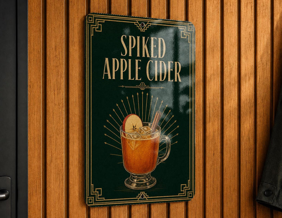 A sign for "Spiked Apple Cider" is displayed on a wooden wall.