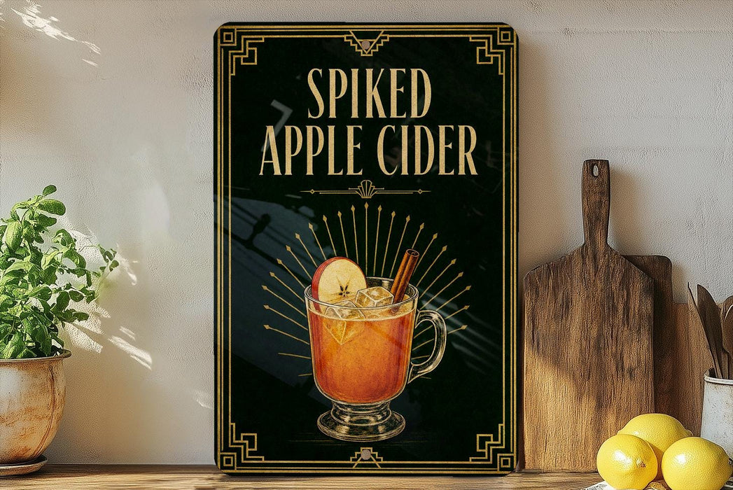 a framed advertisement for spiked apple cider, with a glass of the drink and a cinnamon stick displayed on a wooden surface.