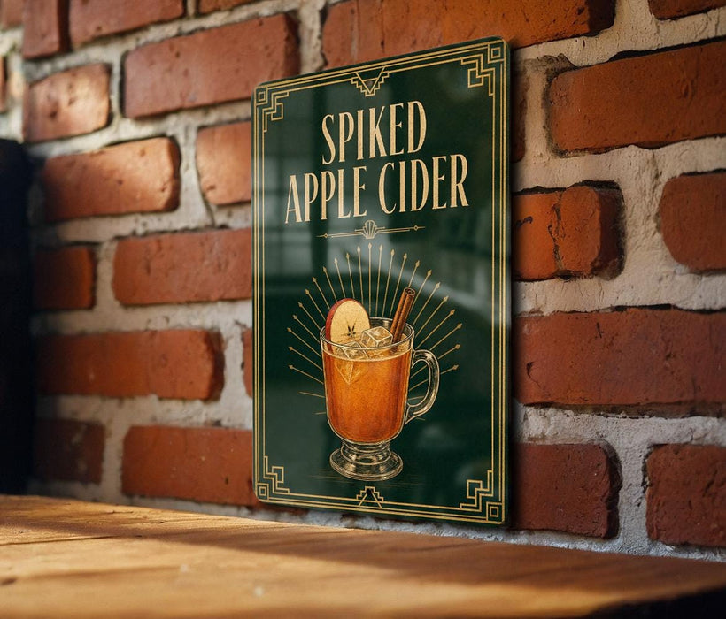 A sign for "Spiked Apple Cider" is displayed on a brick wall, featuring an illustration of a glass of apple cider with a spiced apple slice.