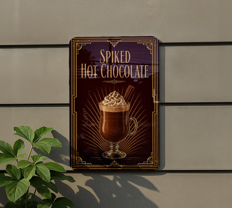 a sign advertising "Spiked Hot Chocolate" with a picture of a hot chocolate drink on it.
