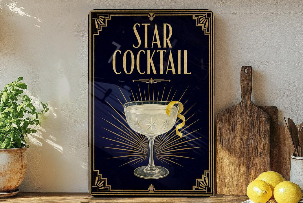 a decorative sign for a "Star Cocktail" with a glass illustration and a lemon twist, placed on a wooden surface next to a cutting board and some lemons.