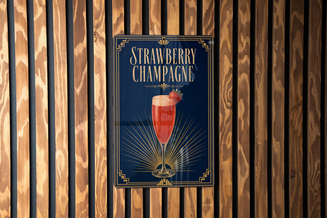 A poster advertising a strawberry champagne drink is displayed on a wooden wall.